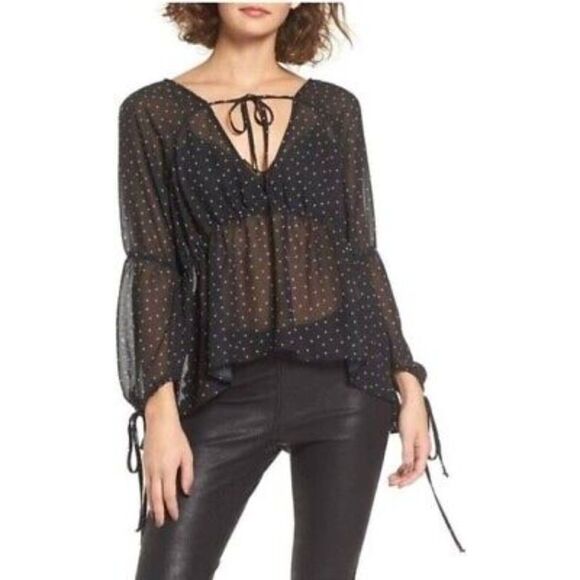FOR LOVE & LEMONS Black White Dots Semi Sheer Long Sleeve Top Womens Size Medium - Picture 8 of 9